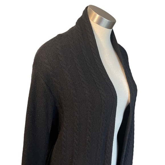 Raffi Cashmere Cardigan Open Front Cable Knit Fringe Black Sz. S - Picture 6 of 9